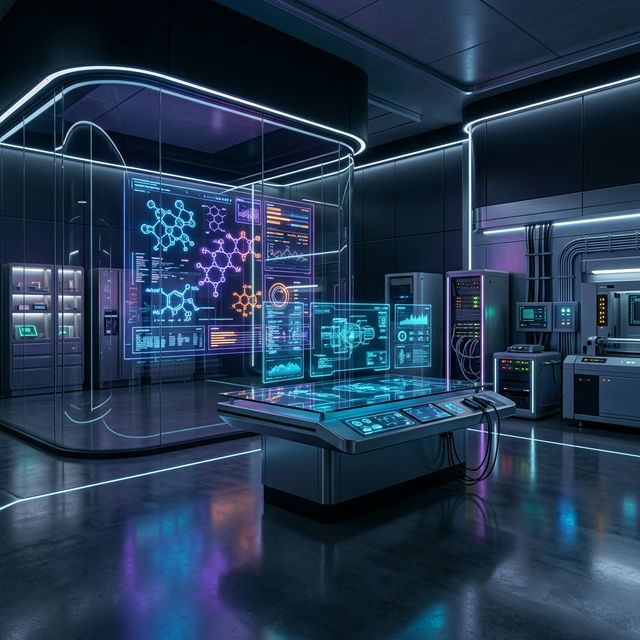 A futuristic tech laboratory with glass holograms and neon lights
