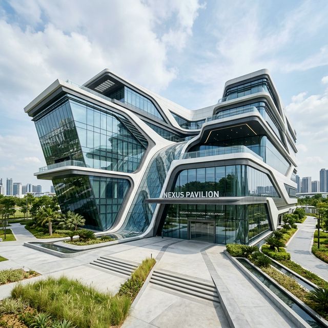 A modern architectural building with sleek lines and glass